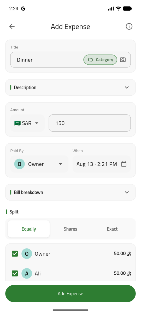 Hisab add-expense form with amount, category, and split options