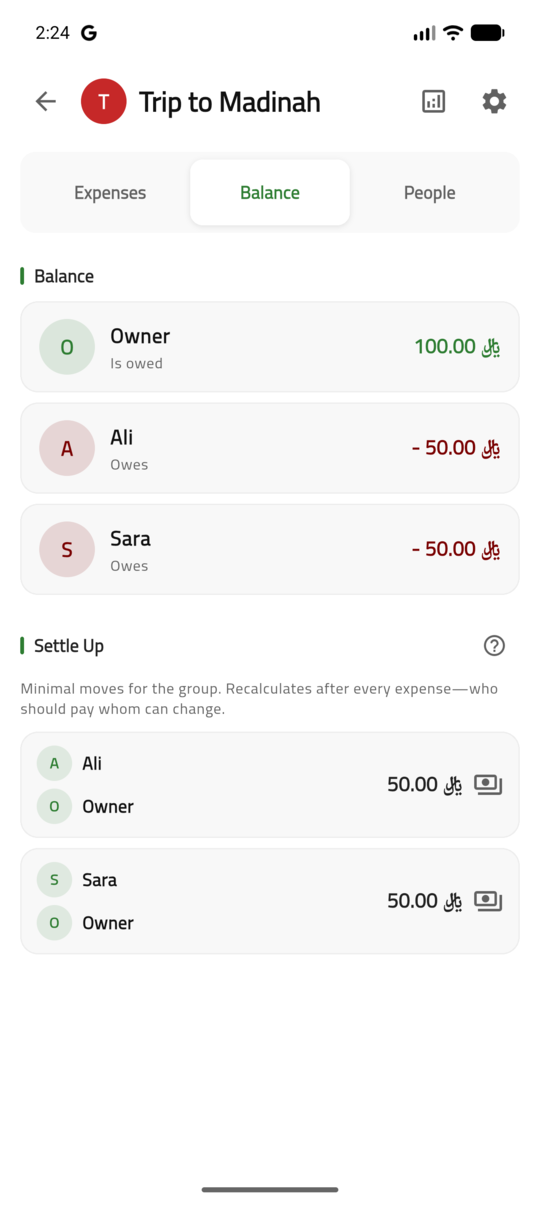Hisab settle-up screen showing who owes whom and payment suggestions