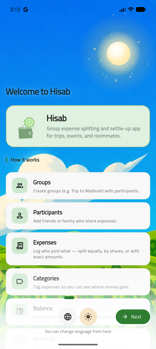 Hisab welcome screen: split expenses, settle cleanly, work offline